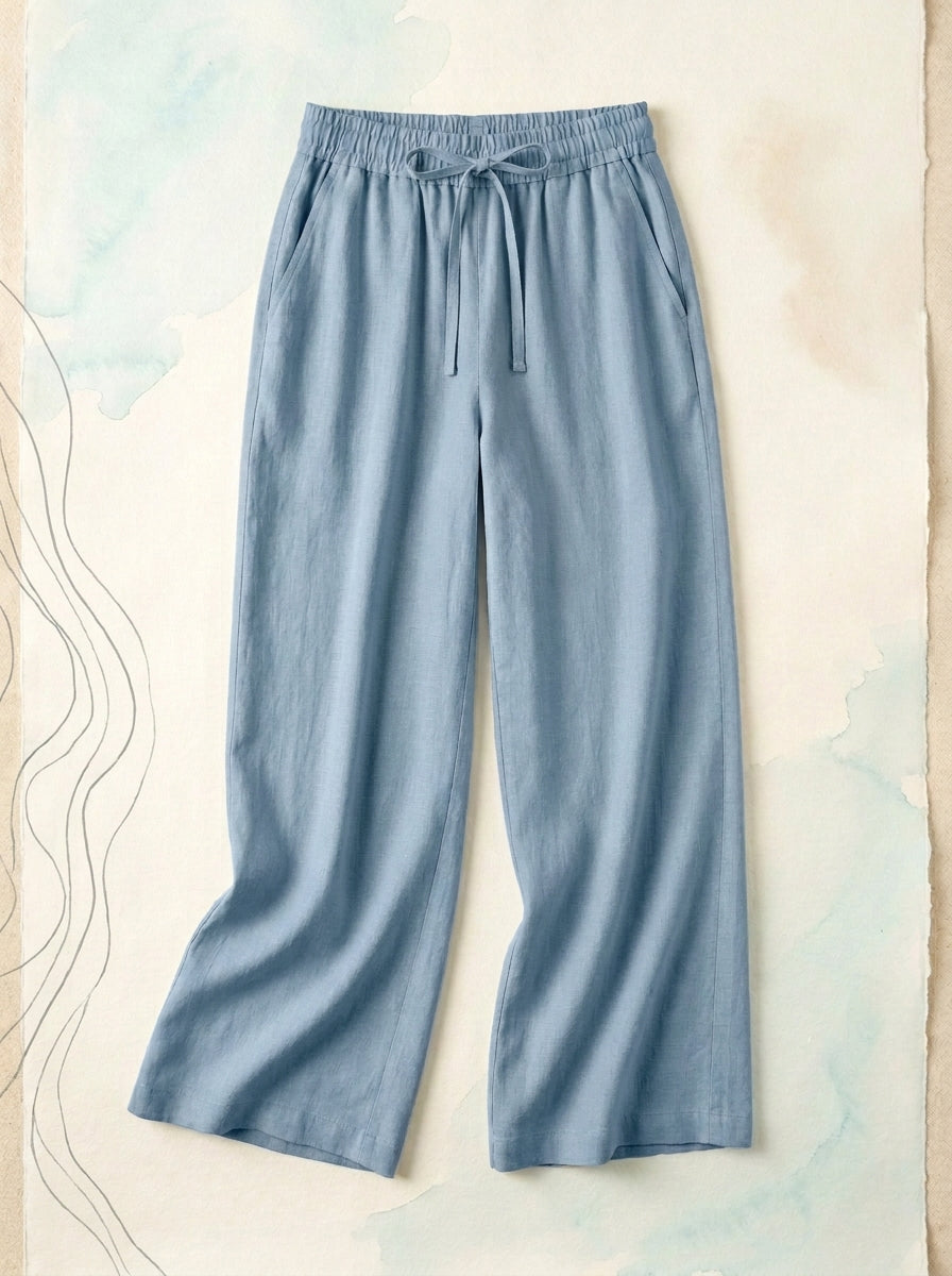 Linen-Feel Wide-Leg Drawstring Pants in Mountain Spring, flat lay