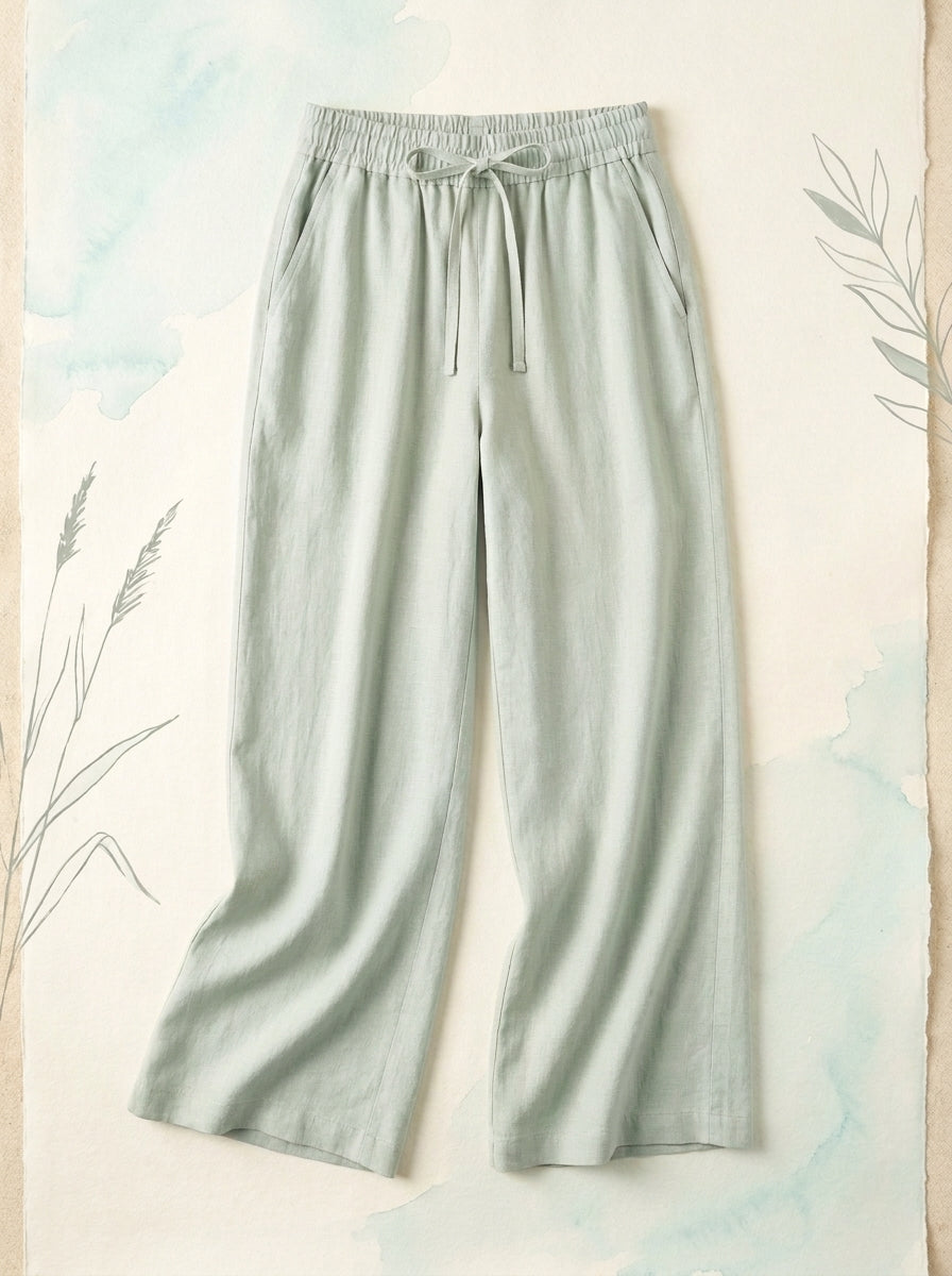 Linen-Feel Wide-Leg Drawstring Pants in Pale Aqua, flat lay