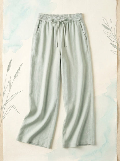 Linen-Feel Wide-Leg Drawstring Pants in Pale Aqua, flat lay