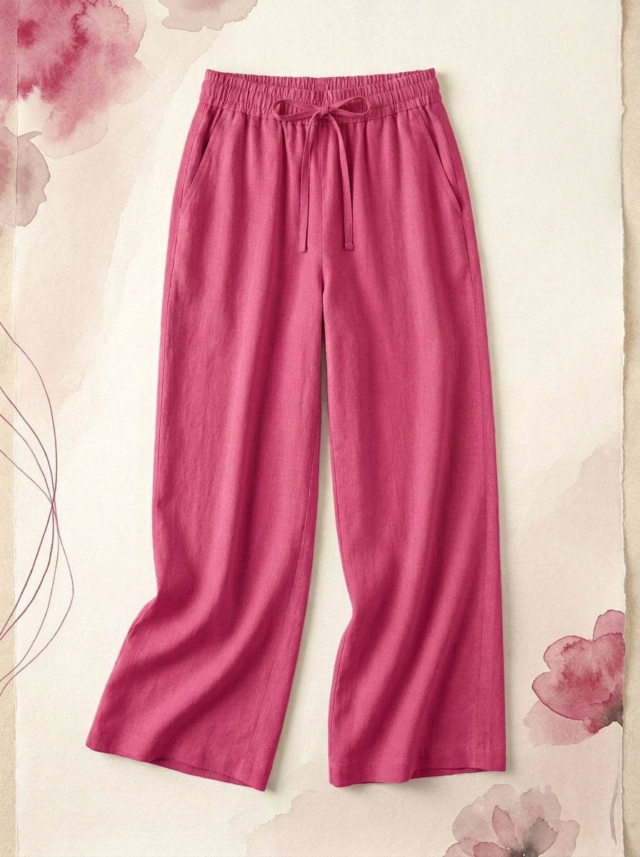 Linen-Feel Wide-Leg Drawstring Pants in Raspberry Sorbet, flat lay