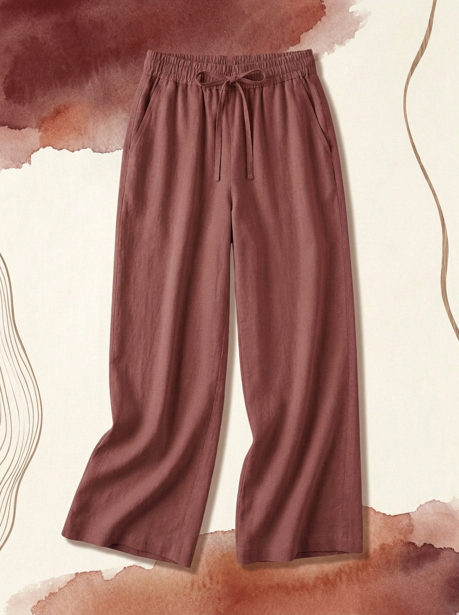 Linen-Feel Wide-Leg Drawstring Pants in Sequoia, flat lay