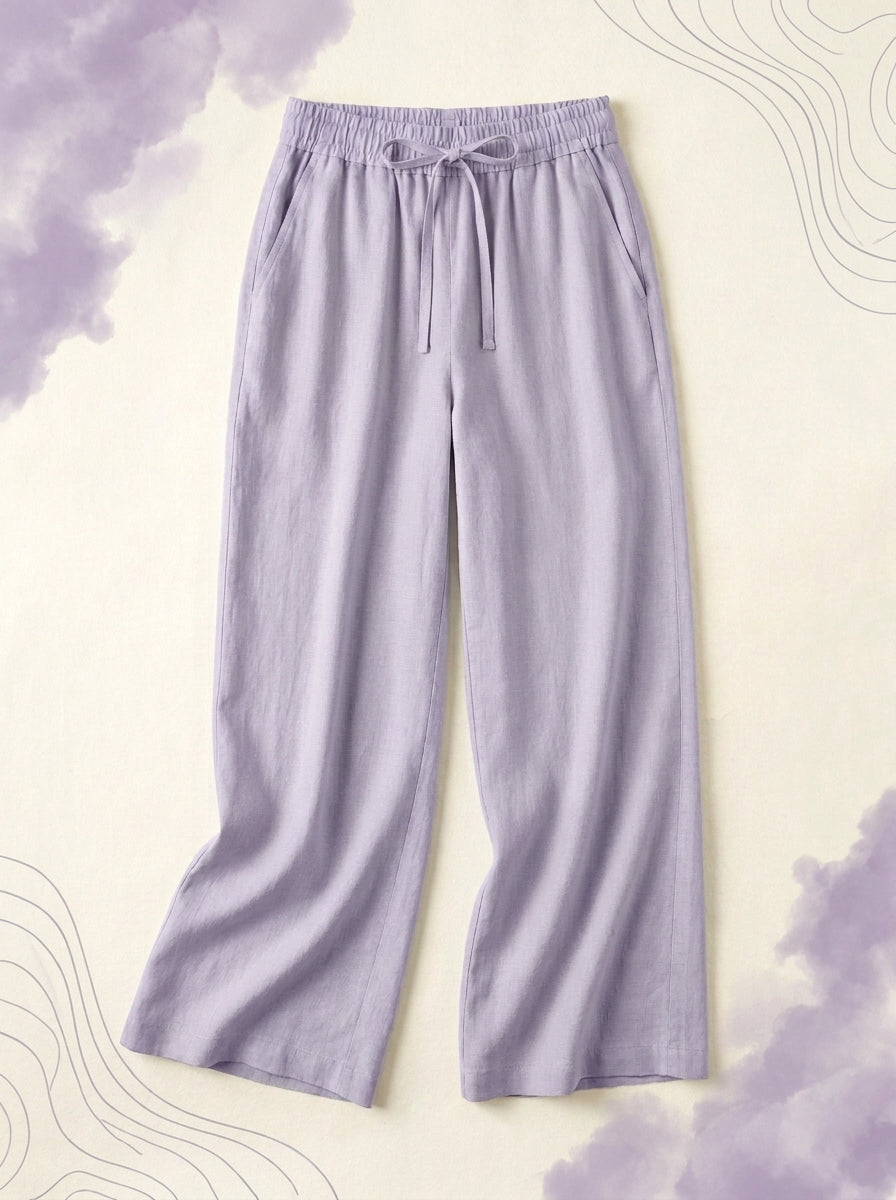 Linen-Feel Wide-Leg Drawstring Pants in Wanderlust - Lilac, flat lay