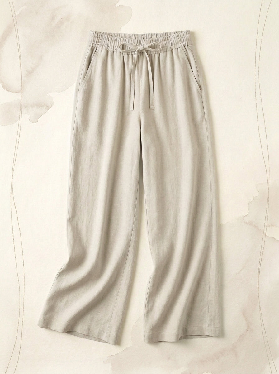Linen-Feel Wide-Leg Drawstring Pants in Whisper White, flat lay