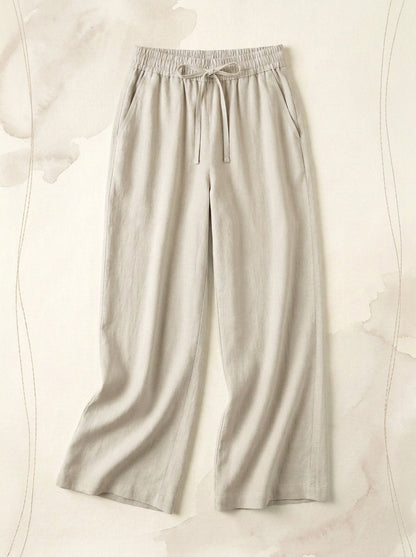 Linen-Feel Wide-Leg Drawstring Pants in Whisper White, flat lay