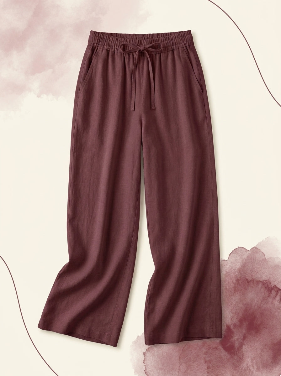 Linen-Feel Wide-Leg Drawstring Pants in Zinfandel, flat lay