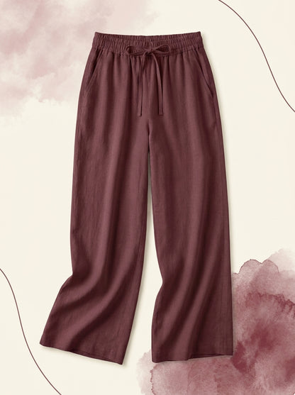 Linen-Feel Wide-Leg Drawstring Pants in Zinfandel, flat lay