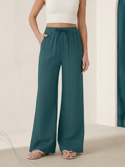 Linen-Feel Wide-Leg Drawstring Pants in Atlantic Deep, worn by a model