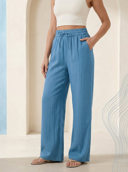 Linen-Feel Wide-Leg Drawstring Pants in Azure Blue, worn by a model