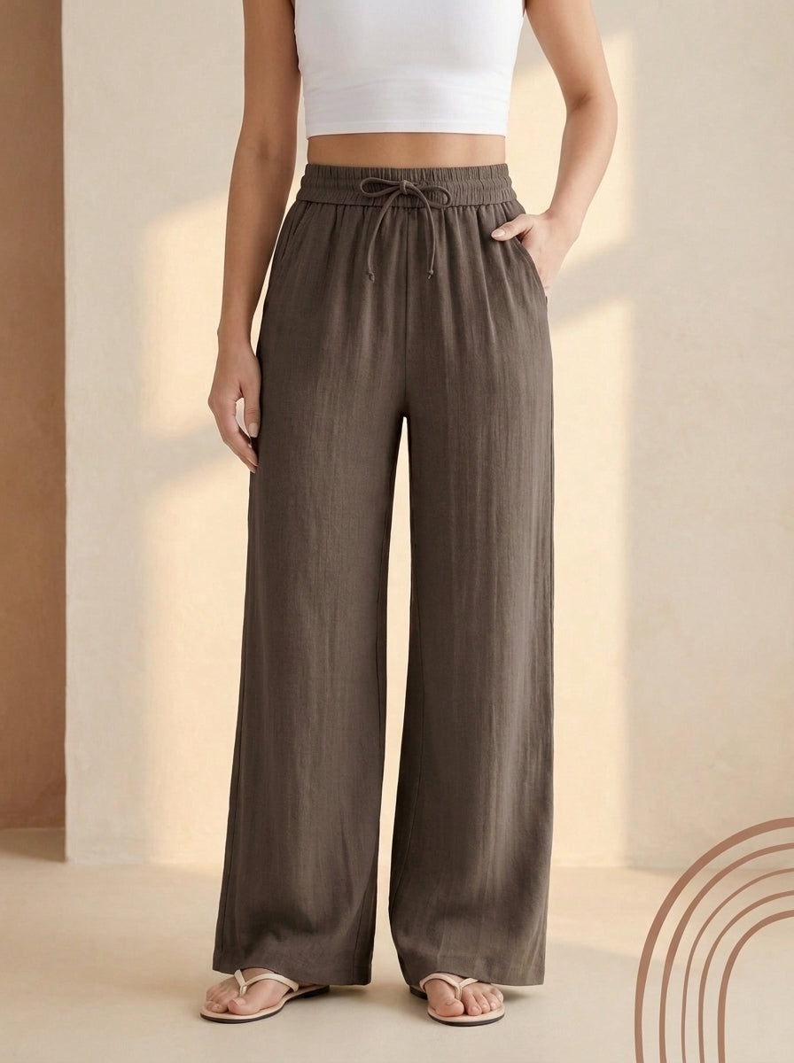 Linen-Feel Wide-Leg Drawstring Pants in Chocolate Martini, worn by a model