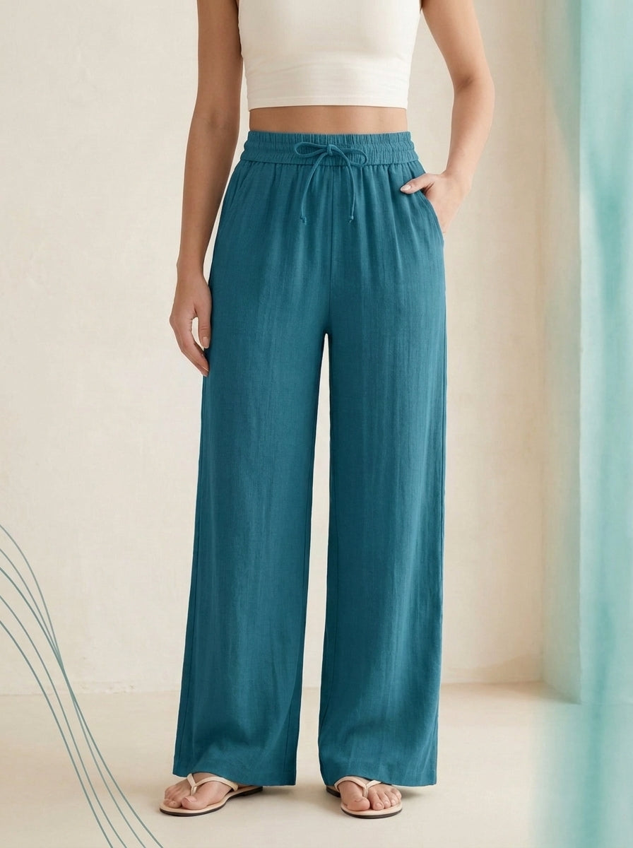 Linen-Feel Wide-Leg Drawstring Pants in Crystal Teal, worn by a model
