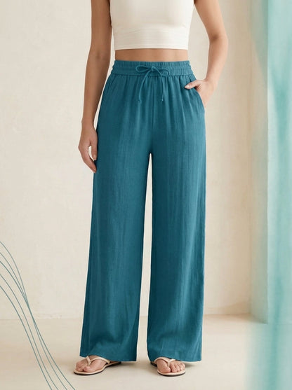 Linen-Feel Wide-Leg Drawstring Pants in Crystal Teal, worn by a model