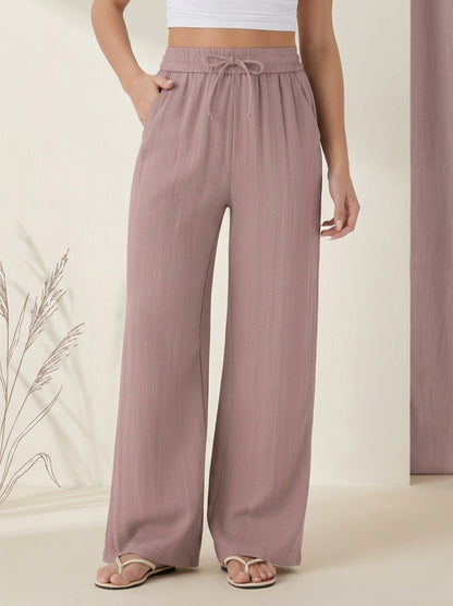 Linen-Feel Wide-Leg Drawstring Pants in Deauville Mauve, worn by a model