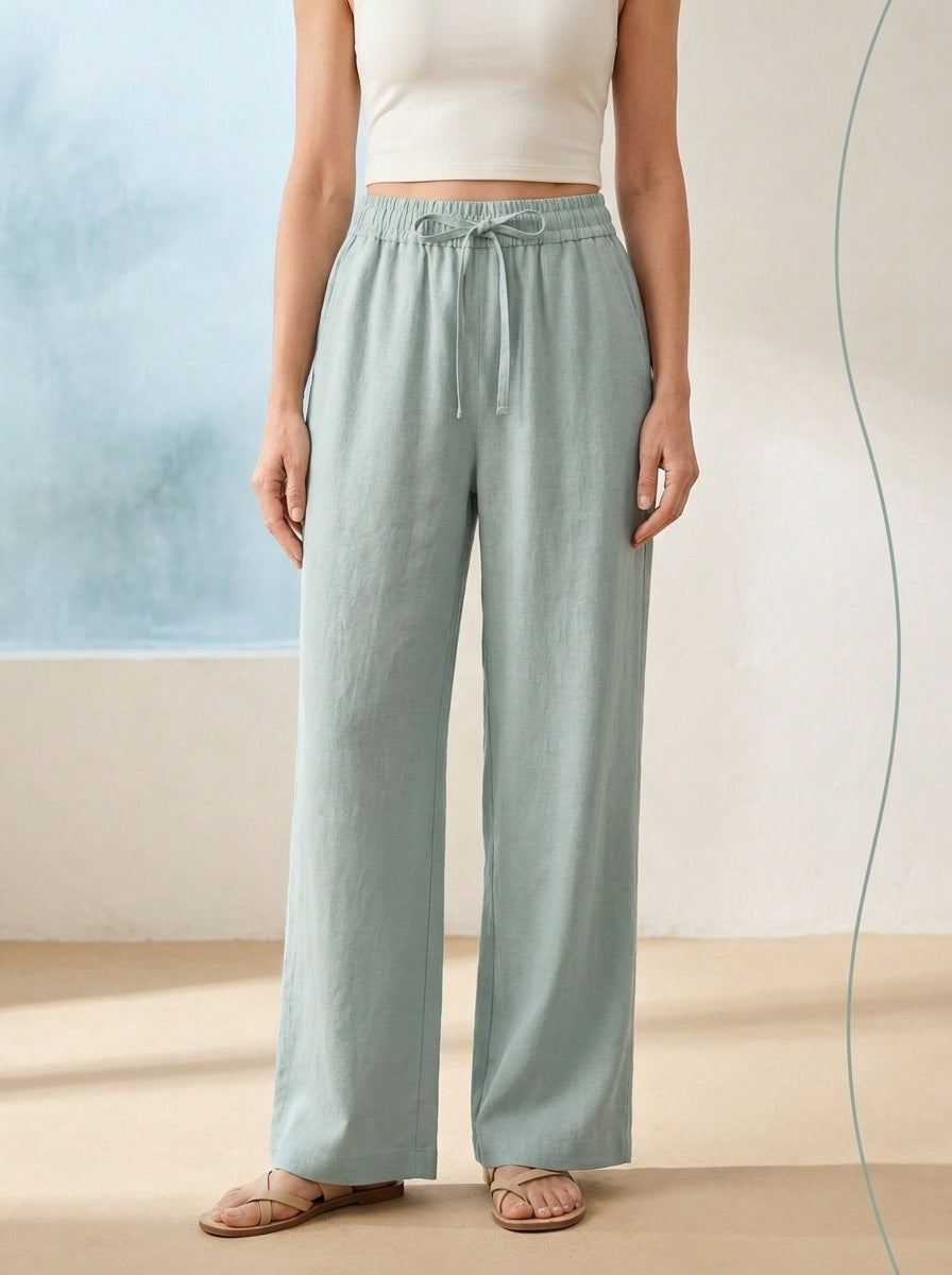 Linen-Feel Wide-Leg Drawstring Pants in Ether, worn by a model