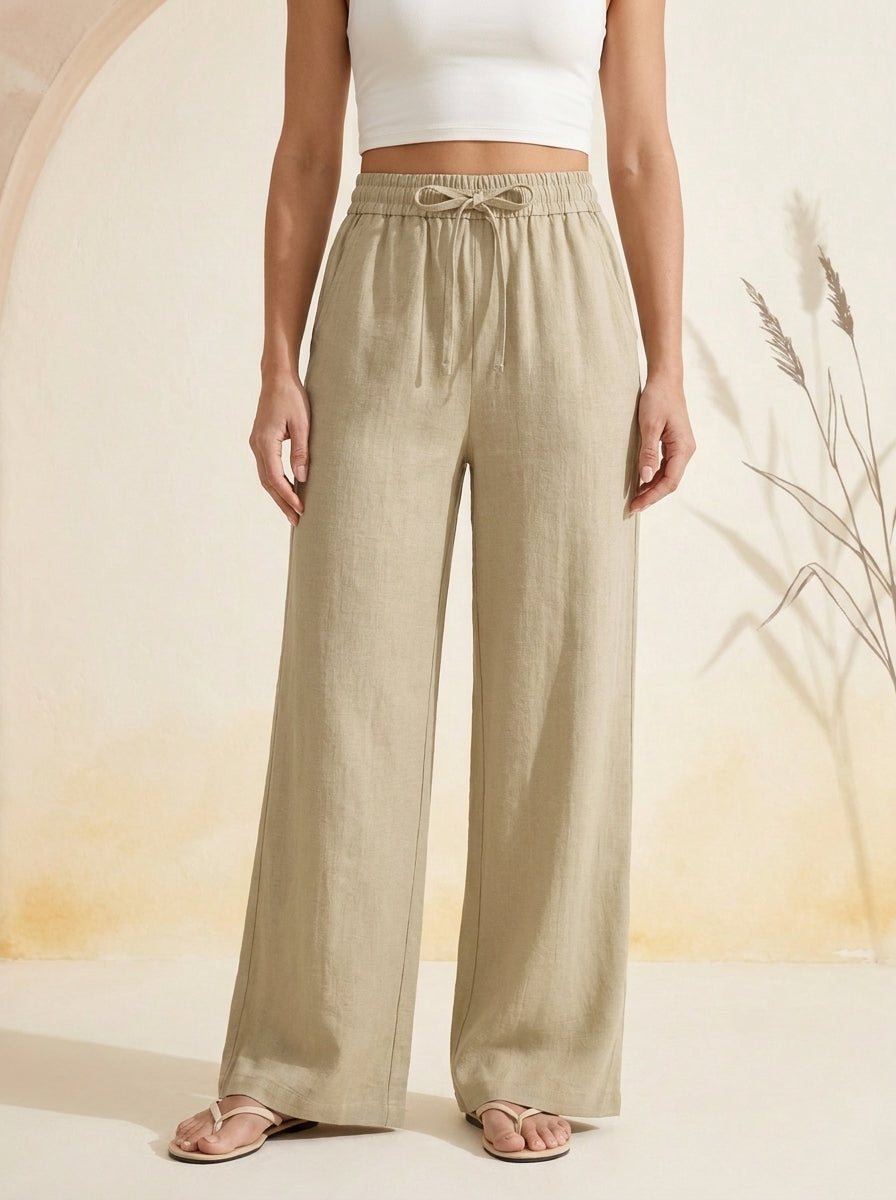 Linen-Feel Wide-Leg Drawstring Pants in Fields of Rye, worn by a model
