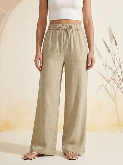 Linen-Feel Wide-Leg Drawstring Pants in Fields of Rye, worn by a model