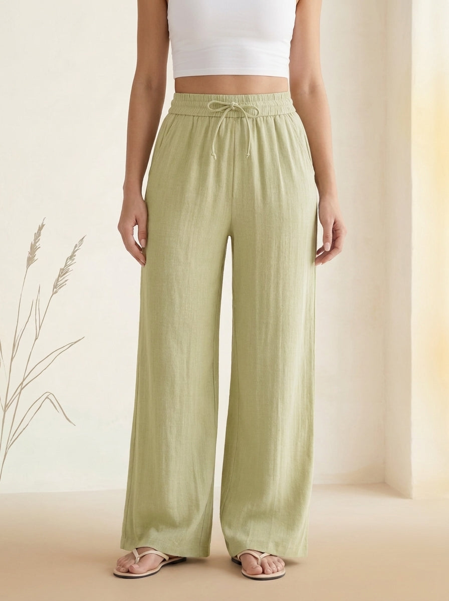 Linen-Feel Wide-Leg Drawstring Pants in Golden Mist, worn by a model