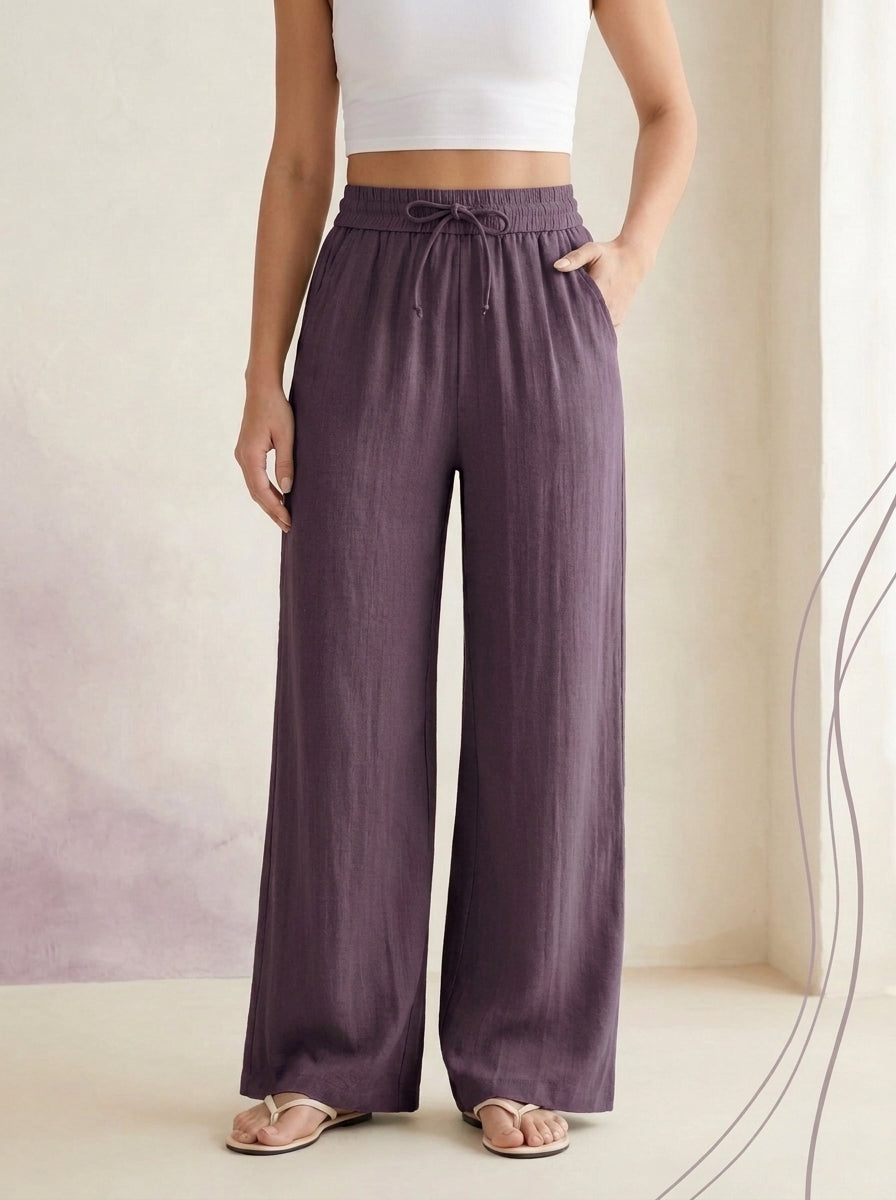 Linen-Feel Wide-Leg Drawstring Pants in Italian Plum, worn by a model