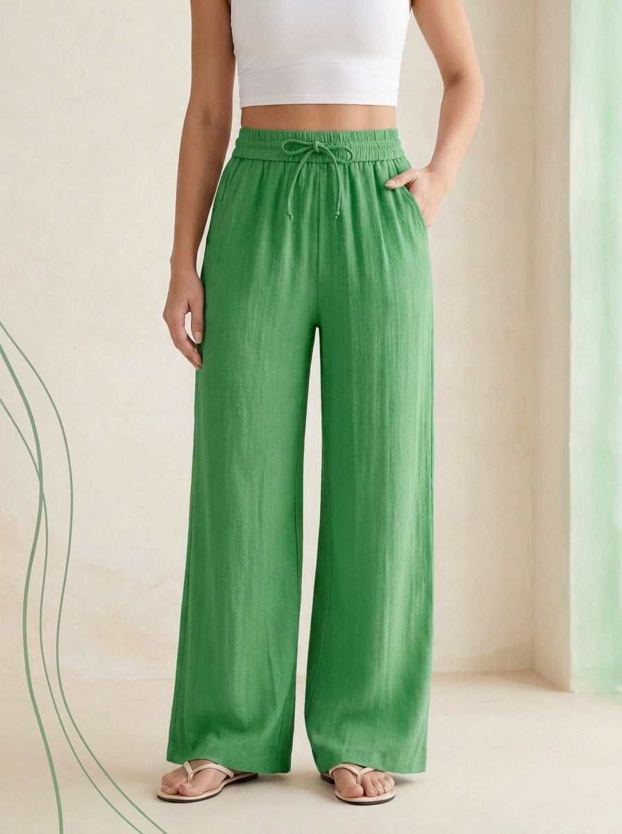 Linen-Feel Wide-Leg Drawstring Pants in Kelly Green, worn by a model