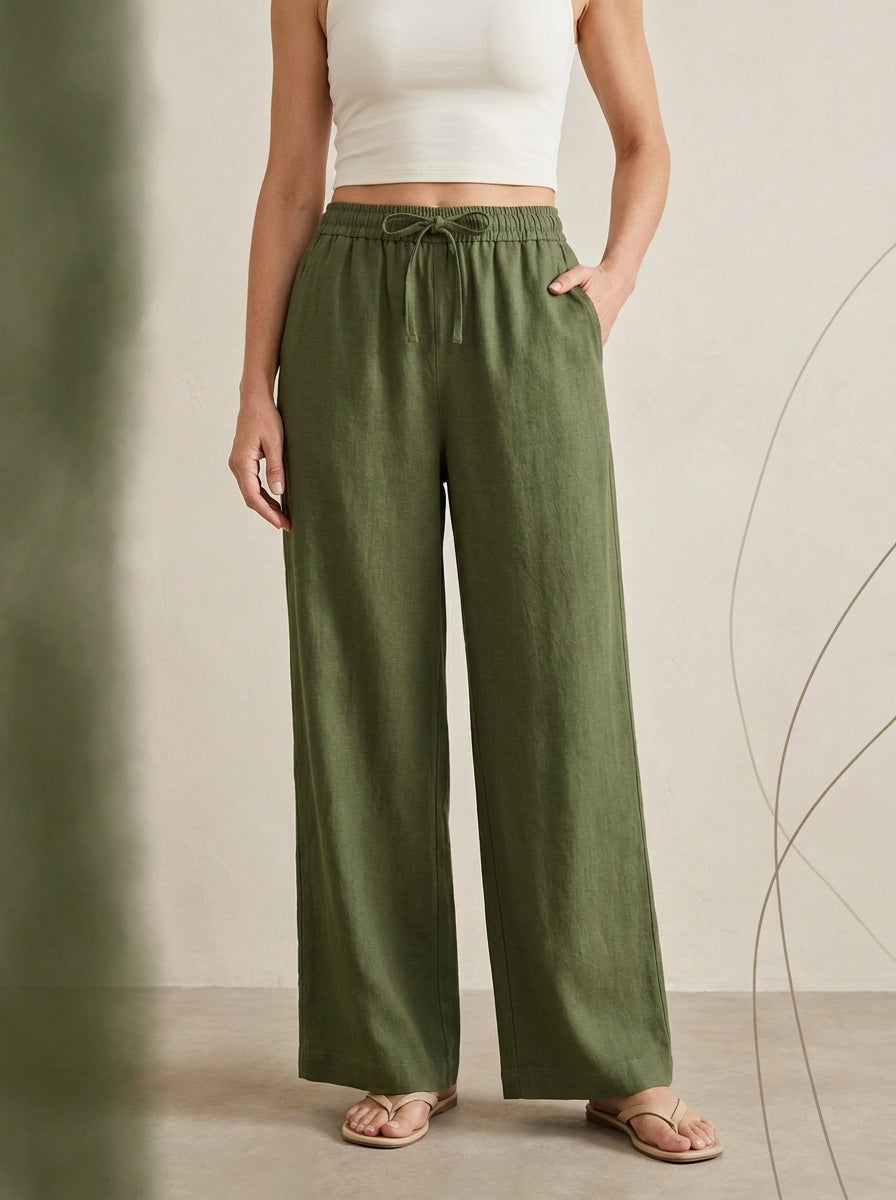 Linen-Feel Wide-Leg Drawstring Pants in Loden Green, worn by a model