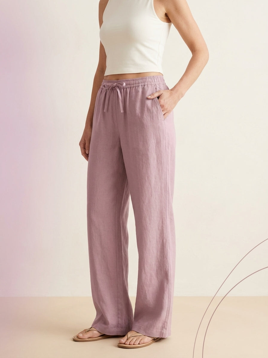 Linen-Feel Wide-Leg Drawstring Pants in Mauveglow, worn by a model