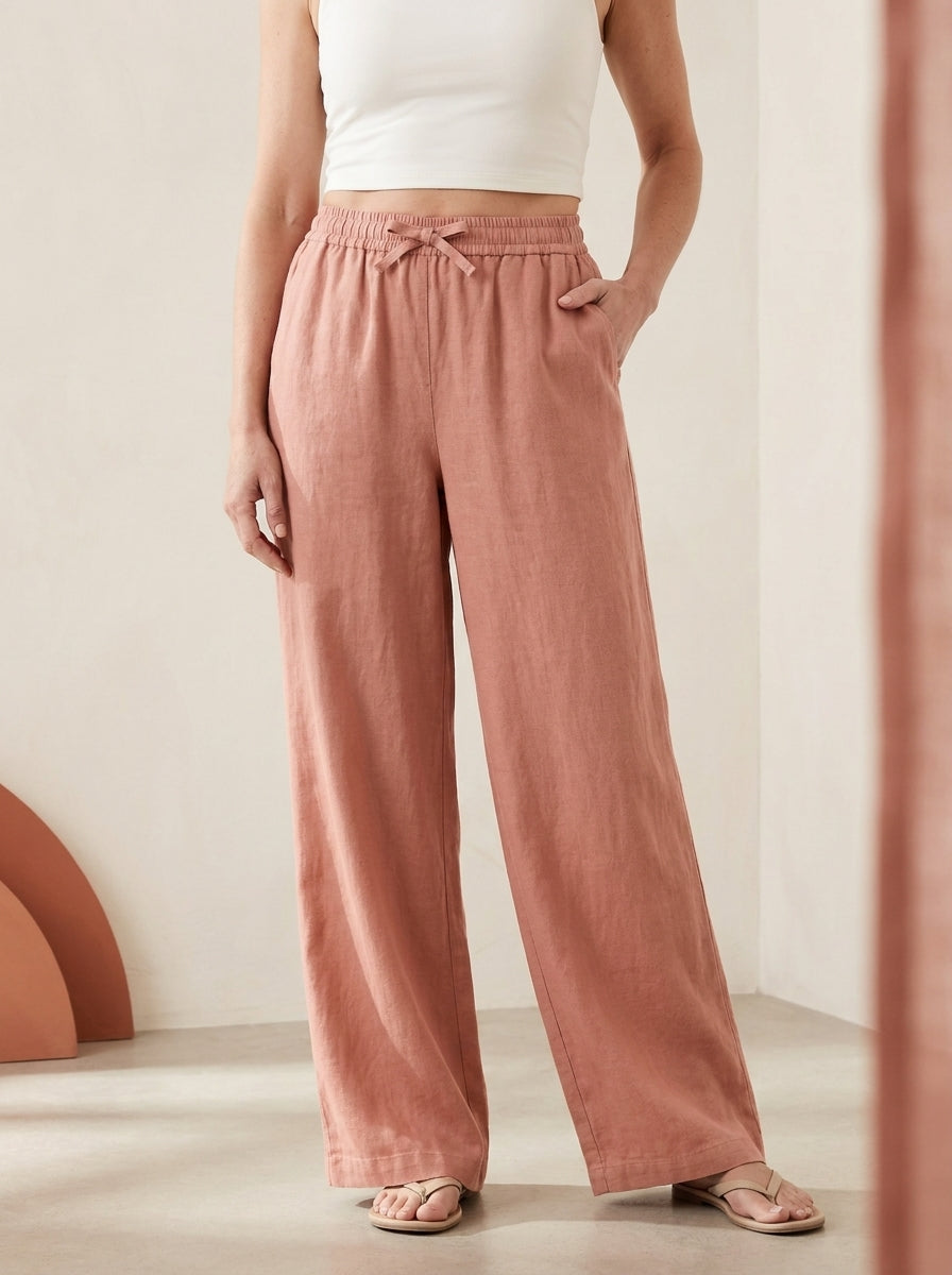 Linen-Feel Wide-Leg Drawstring Pants in Mineral Red, worn by a model