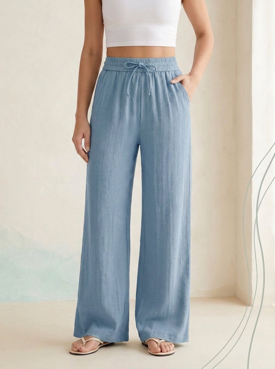 Linen-Feel Wide-Leg Drawstring Pants in Mountain Spring, worn by a model