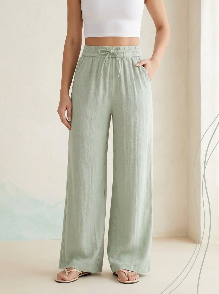 Linen-Feel Wide-Leg Drawstring Pants in Pale Aqua, worn by a model