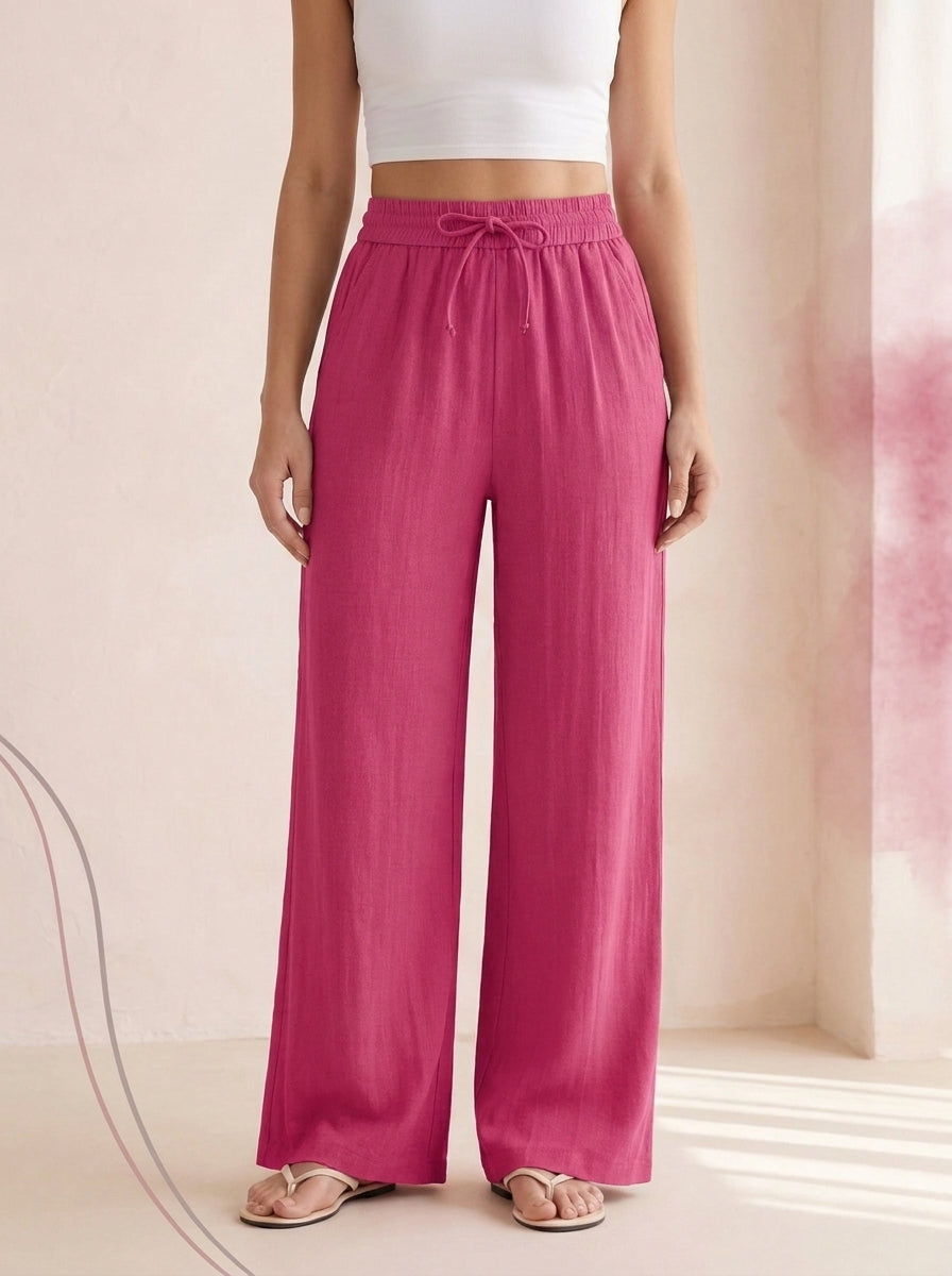 Linen-Feel Wide-Leg Drawstring Pants in Raspberry Sorbet, worn by a model