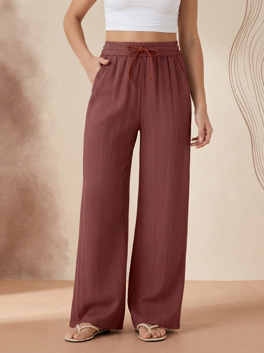 Linen-Feel Wide-Leg Drawstring Pants in Sequoia, worn by a model