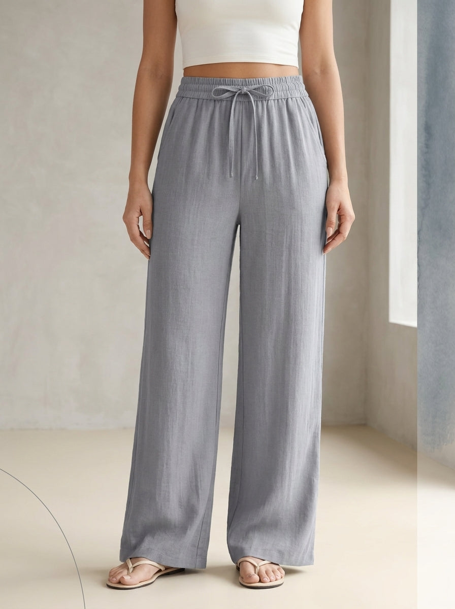Linen-Feel Wide-Leg Drawstring Pants in Steel Gray, worn by a model