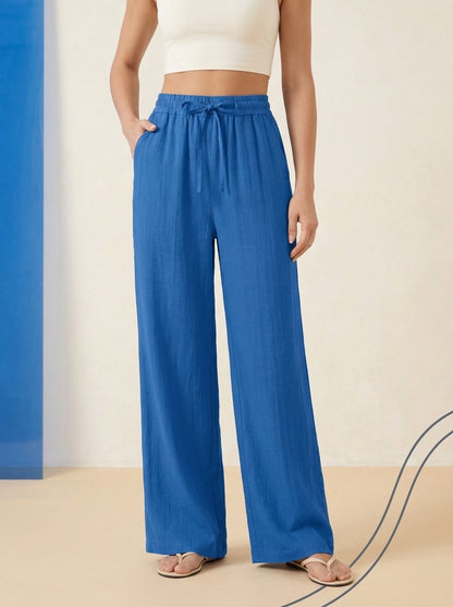 Linen-Feel Wide-Leg Drawstring Pants in Strong Blue, worn by a model