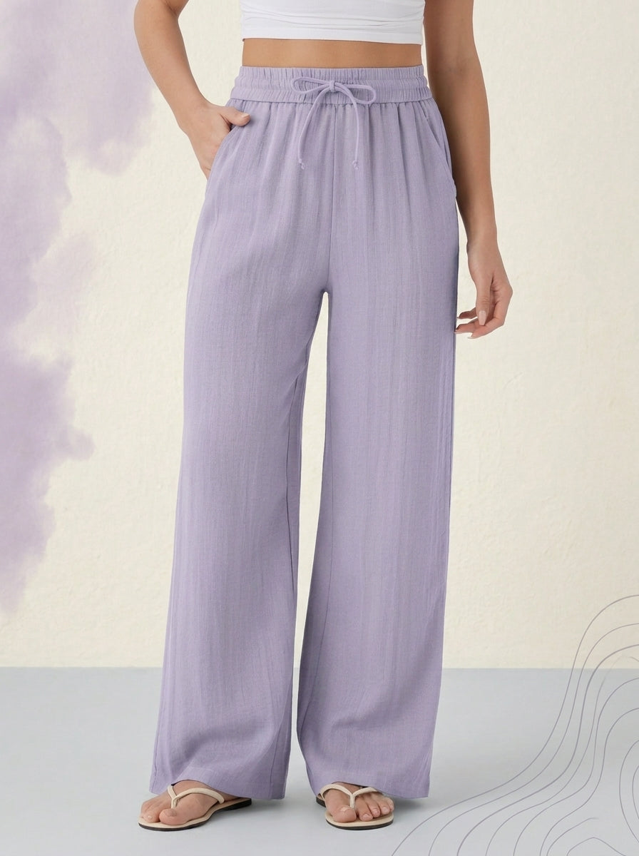 Linen-Feel Wide-Leg Drawstring Pants in Wanderlust - Lilac, worn by a model