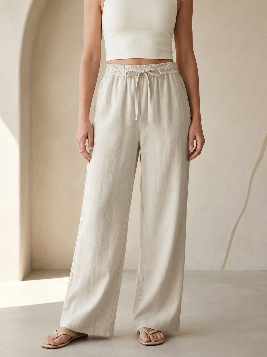 Linen-Feel Wide-Leg Drawstring Pants in Whisper White, worn by a model