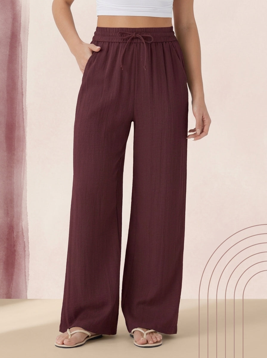 Linen-Feel Wide-Leg Drawstring Pants in Zinfandel, worn by a model