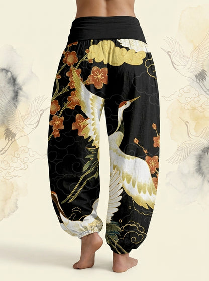 Crane & Cloud Cotton Harem Pants in Black, back view