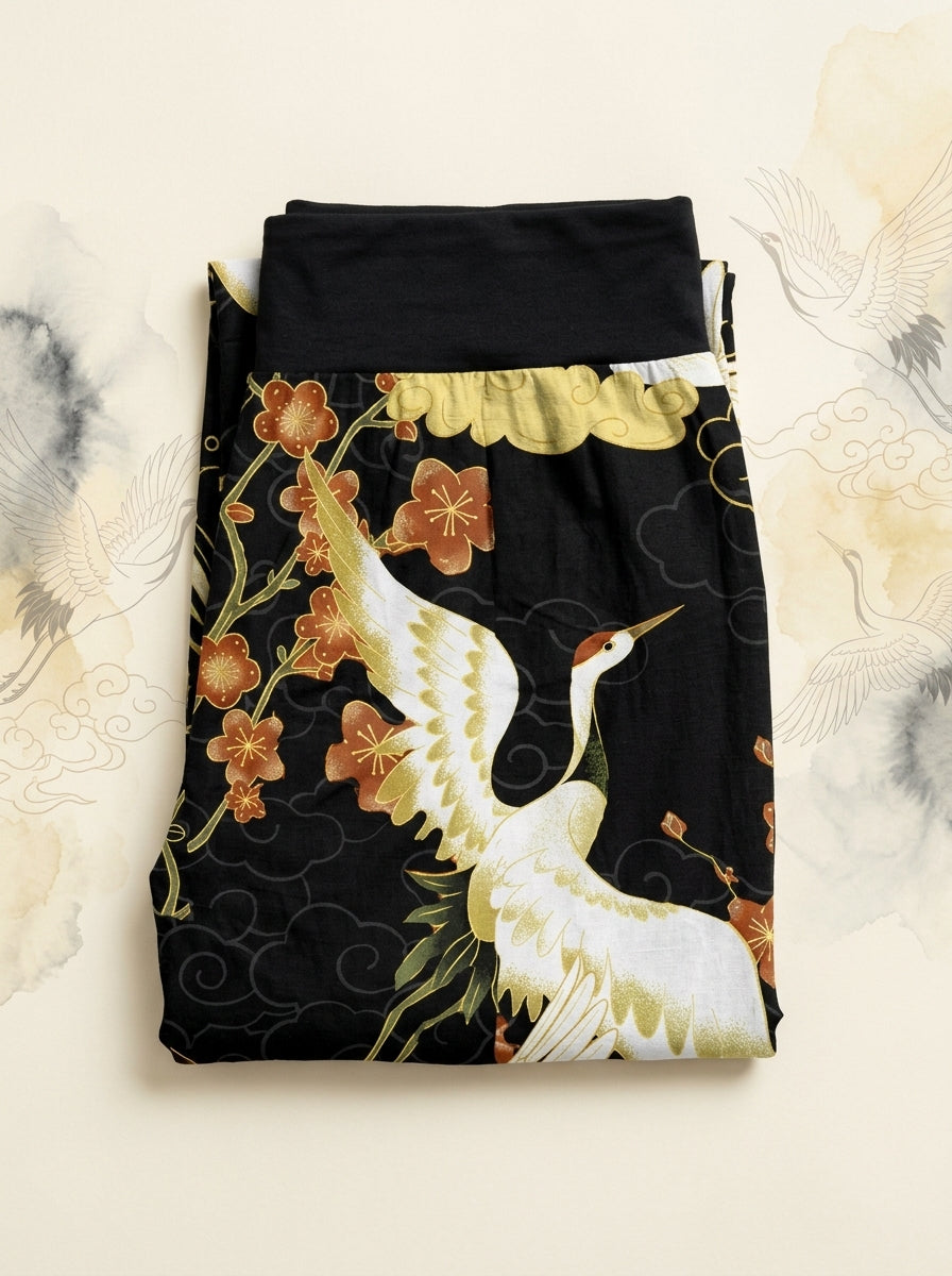 Crane & Cloud Cotton Harem Pants in Black, folded flat