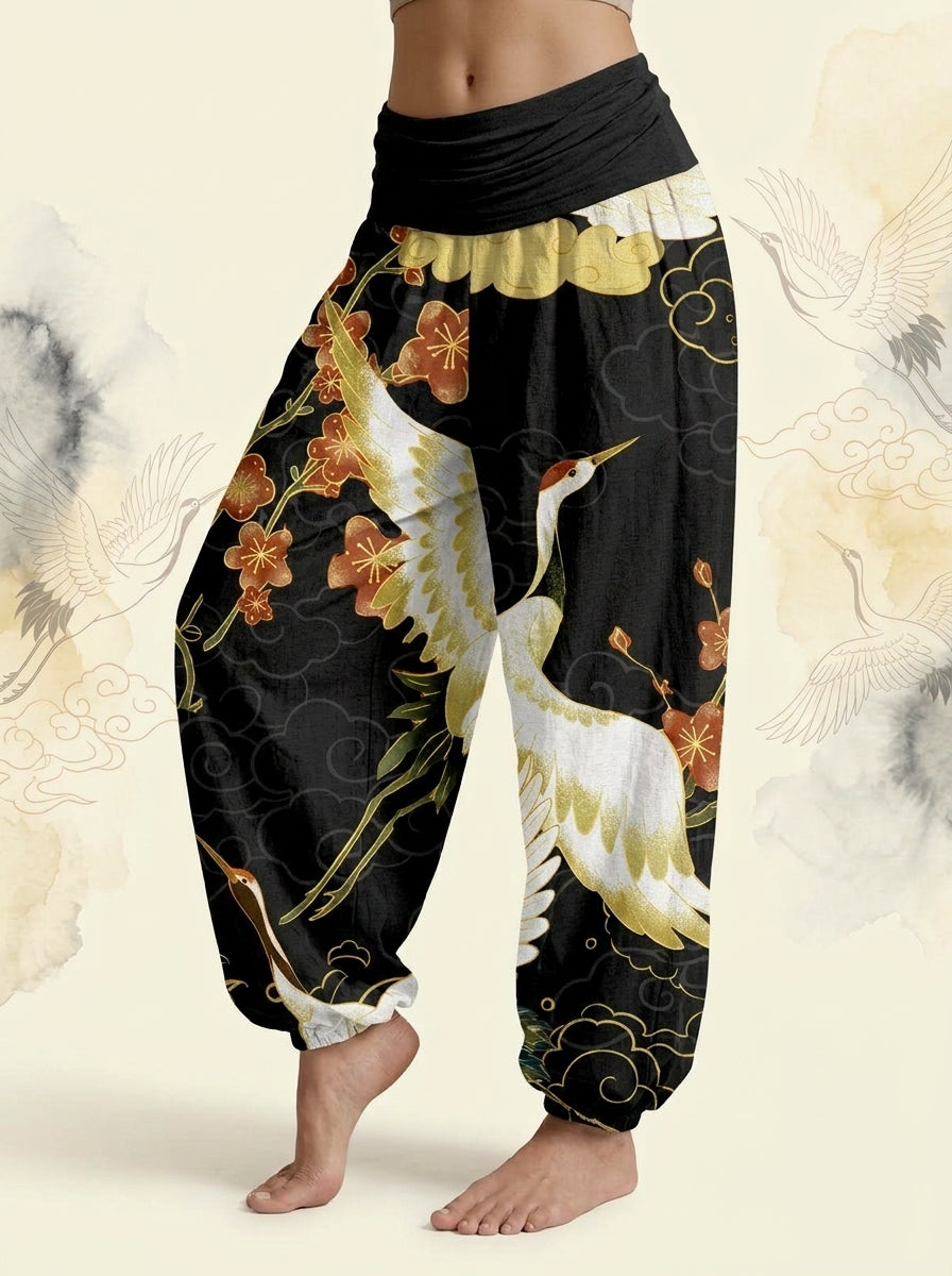 Crane & Cloud Cotton Harem Pants in Black, side view