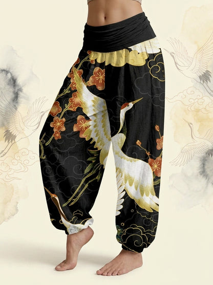 Crane & Cloud Cotton Harem Pants in Black, side view
