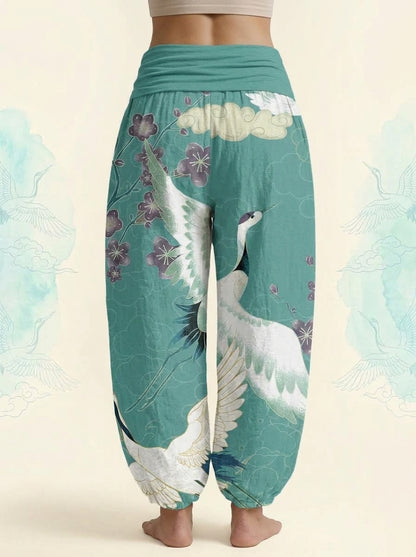 Crane & Cloud Cotton Harem Pants in Turquoise, back view