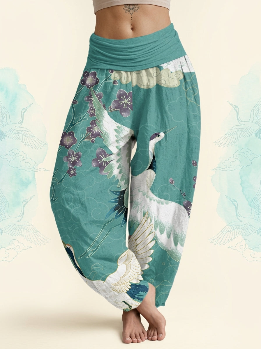 Crane & Cloud Cotton Harem Pants in Turquoise, front view