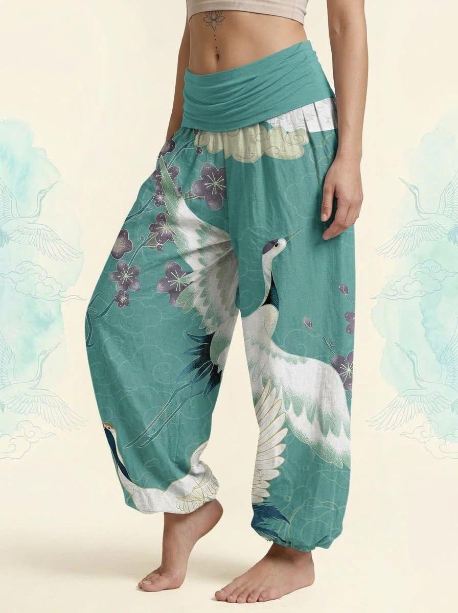 Crane & Cloud Cotton Harem Pants in Turquoise, side view