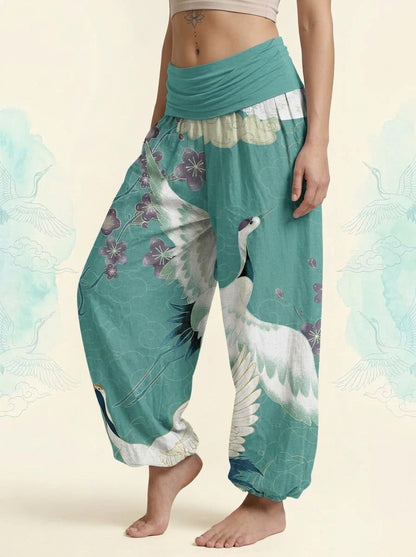 Crane & Cloud Cotton Harem Pants in Turquoise, side view