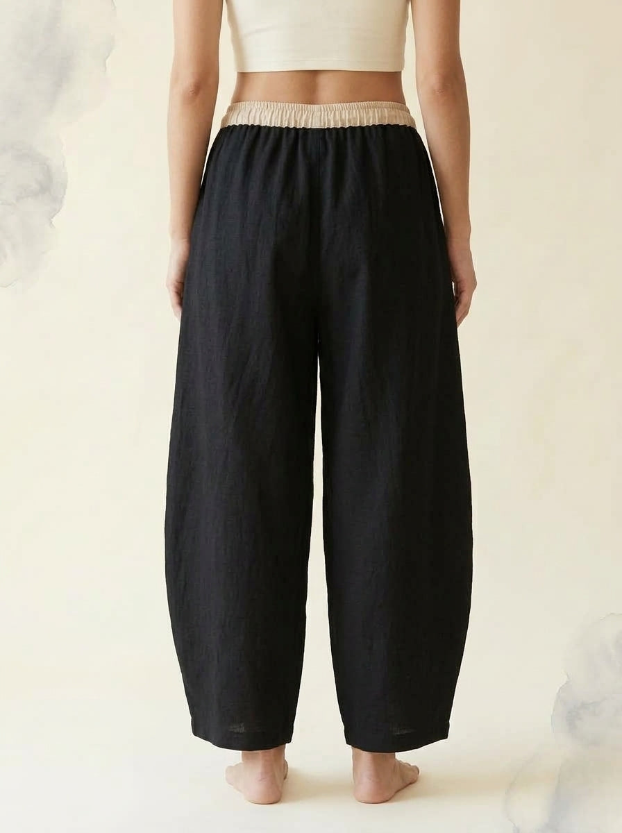 Cotton-Linen Drawstring Pants with Pockets in Black, back view