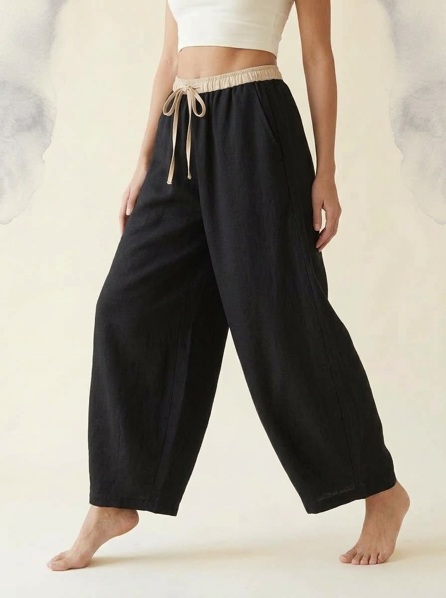 Cotton-Linen Drawstring Pants with Pockets in Black, side view