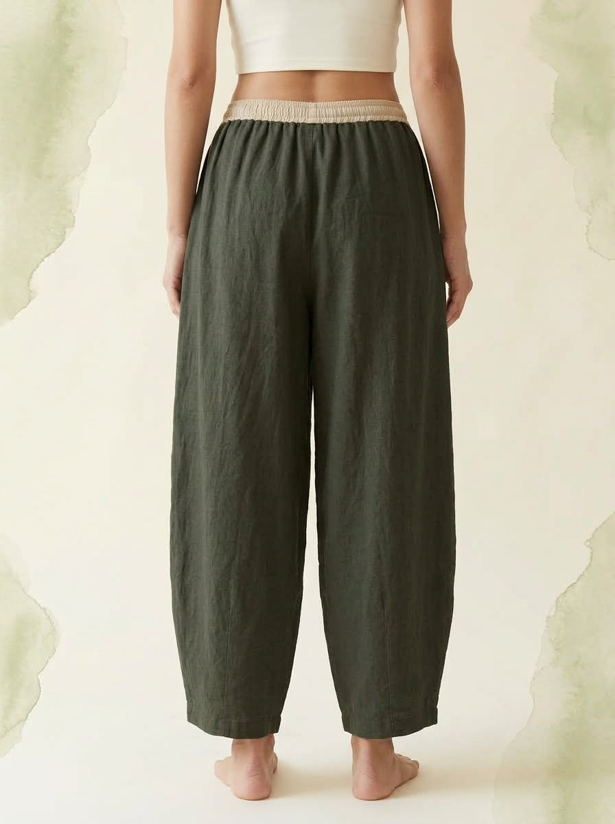 Cotton-Linen Drawstring Pants with Pockets in Dark Olive Green, back view