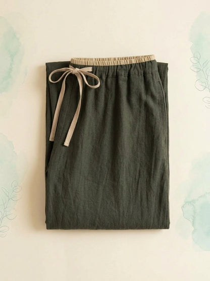 Cotton-Linen Drawstring Pants with Pockets in Dark Olive Green, folded flat