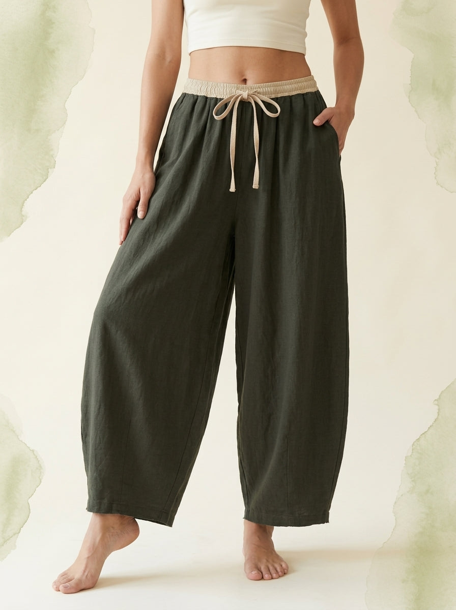 Cotton-Linen Drawstring Pants with Pockets in Dark Olive Green, front view