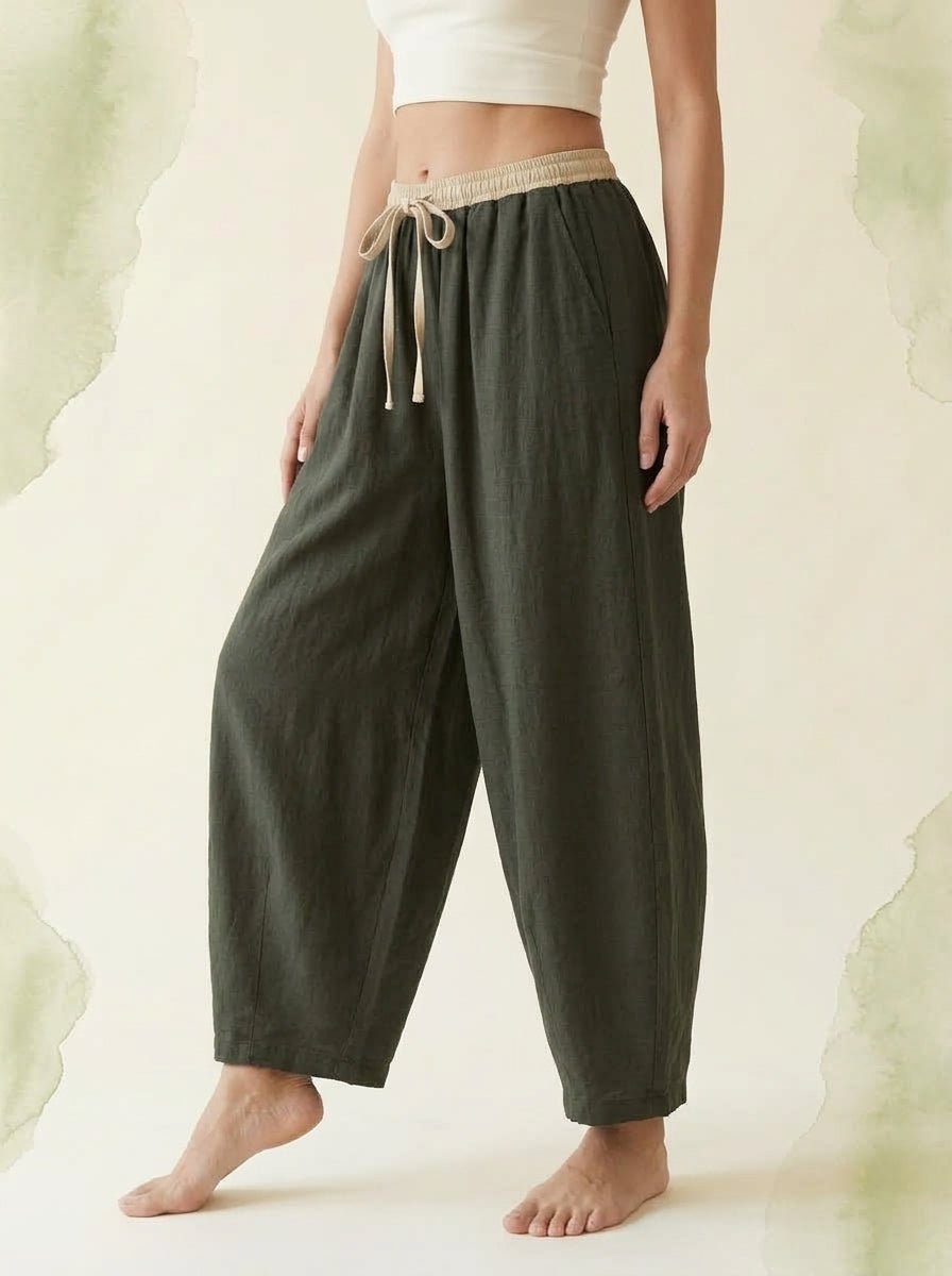 Cotton-Linen Drawstring Pants with Pockets in Dark Olive Green, side view