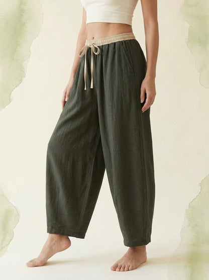 Cotton-Linen Drawstring Pants with Pockets in Dark Olive Green, side view