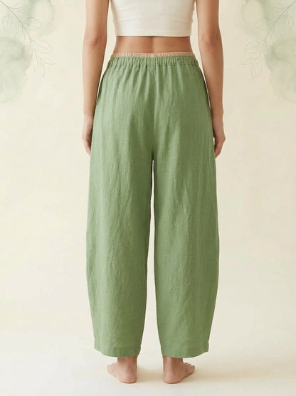 Cotton-Linen Drawstring Pants with Pockets in Light Green, back view
